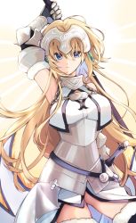 Rule 34 | 1girl, armor, armpits, bare shoulders, blonde hair, blue eyes, breasts, chain, cowboy shot, fate/apocrypha, fate (series), gauntlets, gluteal fold, hair between eyes, highres, jeanne d&#039;arc (fate), jeanne d&#039;arc (ruler) (fate), jeanne d&#039;arc (third ascension) (fate), long hair, looking at viewer, maru (pixiv51714255), medium breasts, solo, sword, thighhighs, weapon