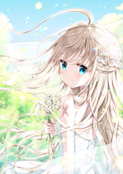 Rule 34 | 1girl, ahoge, backless dress, backless outfit, bare arms, bare shoulders, blonde hair, blue eyes, blush, braid, breasts, clip studio paint (medium), closed mouth, commentary request, day, dress, flower, from behind, hair flower, hair ornament, holding, holding flower, long hair, looking at viewer, looking back, original, outdoors, pleated dress, see-through, signature, small breasts, smile, solo, standing, tia-chan, uchuuneko, very long hair, white dress, white flower