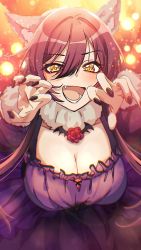 Rule 34 | animal ears, black dress, breasts, cleavage, collarbone, dress, fake animal ears, fang, flower, frills, highres, idolmaster, idolmaster shiny colors, large breasts, light particles, long hair, looking at viewer, open mouth, paddy field, paw pose, rose, shirase sakuya, smile, teeth, very long hair, wolf ears