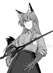 Rule 34 | 1girl, animal ear fluff, animal ears, arknights, closed mouth, collared shirt, cowboy shot, elbow gloves, fox ears, fox girl, fox tail, franka (arknights), gloves, greyscale, hair between eyes, haruichi (sazanami complex), holding, holding sword, holding weapon, lanyard, light smile, long hair, looking at viewer, monochrome, shirt, short sleeves, sidelocks, simple background, skirt, solo, standing, sword, tail, twitter username, watermark, weapon