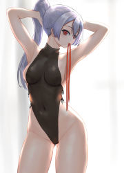 Rule 34 | 1girl, absurdres, armpits, arms behind head, arms up, backlighting, bad id, bad pixiv id, bare shoulders, black leotard, blush, breasts, covered navel, curvy, fate/grand order, fate (series), hair between eyes, heattech leotard, highleg, highleg leotard, highres, large breasts, leotard, long hair, looking at viewer, mouth hold, ponytail, red eyes, red ribbon, ribbon, silver hair, solo, sudako (dai011305), thighs, tomoe gozen (fate), turtleneck, tying hair