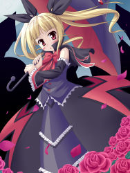 Rule 34 | 1girl, arc system works, bare shoulders, blazblue, blonde hair, blush, bow, detached sleeves, dress, female focus, flower, gradient background, long hair, nago, nature, outdoors, petals, plant, rachel alucard, red bow, red eyes, red flower, red rose, ribbon, rose, rose petals, sky, solo, twintails, umbrella, wizard erk