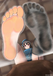 Rule 34 | 1girl, absurdres, barefoot, black hair, black legwear, blush, chair, feet, foot focus, from below, garter straps, highres, kantai collection, long hair, looking at viewer, parted lips, pov, red eyes, single sock, sitting, socks, soles, steam, takao (kancolle), toes