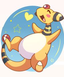 Rule 34 | ampharos, blue background, closed eyes, creatures (company), full body, game freak, gen 2 pokemon, heart, highres, nintendo, no humans, open mouth, opryee, pokemon, pokemon (creature), solo, star (symbol), tail, two-tone background, white background