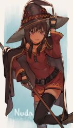 Rule 34 | 10s, 1girl, artist name, bandages, belt, black thighhighs, breasts, brown hair, cape, collar, dress, fingerless gloves, gloves, hat, kono subarashii sekai ni shukufuku wo!, long hair, megumin, nuda, red eyes, single thighhigh, small breasts, smile, solo, staff, thighhighs, witch hat