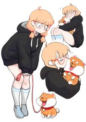 Rule 34 | 1girl, absurdres, ahoge, animal, animal hug, bent over, black hoodie, blue eyes, blue footwear, blush, breasts, closed eyes, closed mouth, colo (nagrolaz), commentary, cropped legs, cropped torso, dog, dot nose, english commentary, feet out of frame, freckles, full body, glasses, hair over shoulder, heart, highres, holding, holding leash, hood, hood down, hoodie, kiss, kissing animal, leash, light brown hair, long hair, looking down, low twintails, medium breasts, multiple views, oversized clothes, own hands together, pigeon-toed, red-framed eyewear, rita (sweethex), short eyebrows, simple background, sitting, sleeves past wrists, smile, socks, straight hair, sweethex, swept bangs, twintails, upper body, wavy mouth, white background, white socks