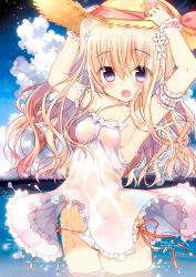 Rule 34 | 1girl, amanatsu purin (yadapot), arm garter, arms up, bad id, bad pixiv id, bare shoulders, blonde hair, blue sky, blush, bow, breasts, cleavage, cloud, cloudy sky, commentary request, cowboy shot, day, dress, fang, flower, hair between eyes, hair flower, hair ornament, hands on headwear, hat, hat bow, horizon, long hair, looking at viewer, medium breasts, no bra, ocean, open mouth, original, outdoors, panties, pink panties, purple eyes, red bow, see-through, side-tie panties, sideboob, sky, sleeveless, sleeveless dress, solo, straw hat, underwear, very long hair, water, wet, wet clothes, wet dress, white dress, white flower, wrist cuffs, yadapot
