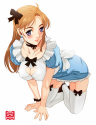 Rule 34 | 1girl, :p, all fours, bow legwear, breasts, cleavage, cleavage cutout, clothing cutout, full body, large breasts, maid, miniskirt, simple background, skirt, solo, sonobe kazuaki, thighhighs, tongue, tongue out, white background, white thighhighs, zettai ryouiki