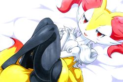 Rule 34 | 025aki, 1girl, absurdres, animal ears, animal hands, bed sheet, blush, braixen, breasts, creatures (company), feet, female focus, fox ears, fox tail, from above, furry, furry female, game freak, gen 6 pokemon, half-closed eyes, hands up, highres, looking at viewer, lying, nintendo, on back, open mouth, own hands together, pokemon, pokemon (creature), pokemon xy, red eyes, simple background, small breasts, smile, solo, tail, traditional media, white background