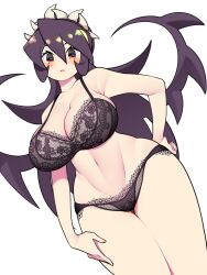 Rule 34 | 1girl, bellupup, black hair, blush, bra, breasts, cleavage, dutch angle, filia (skullgirls), hand on own hip, highres, lace, lace-trimmed bra, lace-trimmed panties, lace trim, large breasts, long hair, looking at viewer, open mouth, panties, prehensile hair, purple hair, red eyes, samson (skullgirls), skullgirls, thick thighs, thighs, underwear, underwear only, very long hair, white background, wide hips
