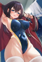 Rule 34 | 1girl, armpits, black hair, blue eyes, blue one-piece swimsuit, blush, breasts, commentary request, competition swimsuit, covered navel, hato haru, highleg, highleg swimsuit, highres, jacket, large breasts, long hair, looking at viewer, mole, mole on thigh, mole under eye, mole under mouth, multicolored clothes, multicolored swimsuit, one-piece swimsuit, original, red jacket, sideboob, skin tight, skindentation, solo, stopwatch, swimsuit, thighhighs, watch, whistle, white thighhighs