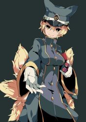 Rule 34 | 1girl, alternate costume, animal ears, aoi kujira, armband, bad id, bad twitter id, blonde hair, breasts, bright pupils, cowboy shot, fox tail, gloves, hair between eyes, hat, looking at viewer, multiple tails, short hair, smile, solo, stapler, steampunk, tail, touhou, uniform, white pupils, yakumo ran, yellow eyes