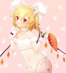 Rule 34 | 1girl, :q, alternate costume, animal costume, animal ears, animal print, blonde hair, blouse, blush, breasts, carrot, carrot hair ornament, choker, cleavage, colored eyelashes, crop top, fake animal ears, finger to face, finger to own chin, fingerless gloves, flandre scarlet, food-themed hair ornament, fur, gloves, groin, hair ornament, hairband, hairpin, hands up, heart, heart tattoo, holding, holding stuffed toy, honotai, leaning forward, leaning to the side, looking at viewer, lowleg, lowleg panties, navel, no headwear, off-shoulder shirt, off shoulder, one side up, panties, pink background, pointy ears, rabbit background, rabbit costume, rabbit ears, rabbit print, rabbit tail, red eyes, revealing clothes, scrunchie, shirt, short hair, side-tie panties, sidelocks, small breasts, solo, stomach, stuffed toy, tail, tattoo, tongue, tongue out, touhou, underwear, white choker, white gloves, white hairband, white panties, white scrunchie, white shirt, wings, wrist cuffs