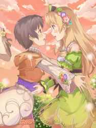 Rule 34 | 2girls, :d, atelier (series), atelier ayesha, ayesha altugle, bad id, bad pixiv id, bare shoulders, blush, brown eyes, brown hair, cloud, dandelion, dress, eye contact, female focus, flower, from side, green dress, hair flower, hair ornament, hat, unworn hat, unworn headwear, long hair, long sleeves, looking at another, machikado, multiple girls, nio altugle, open mouth, outdoors, outstretched arms, profile, short hair, siblings, sisters, sky, smile, sunset, turtleneck, wrist cuffs, yuri