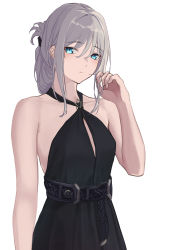 Rule 34 | 1girl, 3 small spiders, absurdres, alternate hairstyle, an-94 (girls&#039; frontline), an-94 (silent rouge) (girls&#039; frontline), aqua hair, backless dress, backless outfit, bare shoulders, blue eyes, dress, evening gown, folded ponytail, girls&#039; frontline, halter dress, halterneck, hand up, highres, long hair, official alternate costume, white background