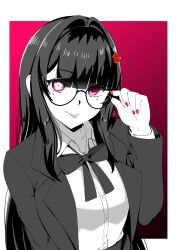 Rule 34 | 1girl, :p, adjusting eyewear, blazer, border, closed mouth, collared shirt, flower-shaped pupils, glasses, greyscale with colored background, hair intakes, hand on eyewear, highres, honkai: star rail, honkai (series), jacket, lion space, long bangs, long hair, looking at viewer, monochrome, nail polish, open clothes, open jacket, outside border, pink eyes, pink nails, pleated skirt, school uniform, shirt, sidelocks, skirt, smile, solo, sparkle (honkai: star rail), spot color, straight hair, symbol-shaped pupils, tongue, tongue out, upper body, white border