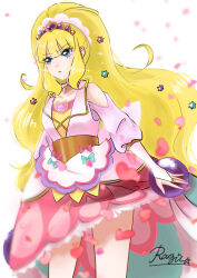 Rule 34 | 1girl, absurdres, artist name, back bow, blonde hair, blunt bangs, bow, bridal gauntlets, brooch, candy, candy hair ornament, choker, closed mouth, clothes lift, clothing cutout, commentary, cowboy shot, cure finale, delicious party precure, dress, food, food-themed hair ornament, gloves, hair ornament, heart, heart brooch, highres, huge bow, jacket, jewelry, kasai amane, konpeitou, light frown, long hair, long sleeves, looking to the side, magical girl, medium skirt, pink skirt, precure, razu kichi, shoulder cutout, signature, skirt, skirt lift, solo, sparkle, standing, tiara, white background, white bow, white choker, white gloves, white jacket, wide ponytail, wind, wind lift