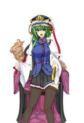Rule 34 | 1girl, arm ribbon, asymmetrical hair, black skirt, black thighhighs, chair, cowboy shot, green eyes, green hair, hat, hat ribbon, highres, long sleeves, miniskirt, open mouth, pleated skirt, ribbon, ribbon-trimmed skirt, ribbon trim, rod of remorse, shiki eiki, simple background, skirt, solo, standing, thighhighs, tk31, touhou, transparent background, vest, white background, wide sleeves