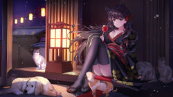 Rule 34 | 1girl, absurdres, animal ears, architecture, ass, atago (azur lane), azur lane, black kimono, black thighhighs, breasts, brown hair, candy apple, cat, cleavage, dog, dog ears, east asian architecture, extra ears, floating hair, food, highres, holding, holding food, indoors, japanese clothes, kimono, large breasts, lemontea (ekvr5838), long hair, red footwear, red sash, sakura empire (emblem), sandals, sash, sitting, solo, sweets, thighhighs