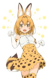 Rule 34 | 10s, 1girl, animal ears, bare shoulders, blush, bow, bowtie, brown eyes, cat ears, cat tail, clenched hands, cowboy shot, cross-laced clothes, elbow gloves, eyelashes, fangs, gloves, hair between eyes, kemono friends, looking at viewer, open mouth, orange hair, paw pose, pinakes, serval (kemono friends), serval print, serval tail, shirt, short hair, skirt, sleeveless, sleeveless shirt, smile, socks, solo, striped tail, tail, tareme, teeth, thighhighs, tongue, white background, white shirt, zettai ryouiki
