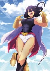 Rule 34 | 1girl, absurdres, armpits, belt, black hair, blush, boku no hero academia, boots, breasts, briefs, cape, city, classic fly briefs, clothes pull, day, embarrassed, emphasis lines, euf-dreamer, eyelashes, female focus, floating, full body, gloves, gluteal fold, hair between eyes, highres, humiliation, large breasts, legs, male underwear, mature female, medium hair, midriff, muscular, muscular arms, muscular female, neck, open mouth, outdoors, pants, pants pull, purple eyes, shimura nana, shiny clothes, shiny skin, shirt, short ponytail, sidelocks, sky, sleeveless, sleeveless shirt, superhero costume, thighs, underwear, wardrobe malfunction, white briefs, white cape, yellow gloves
