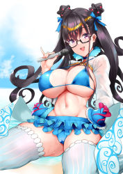 Rule 34 | 1girl, :d, arm at side, bikini, bikini skirt, black-framed eyewear, blue bikini, blush, breasts, commentary request, cone hair bun, cowboy shot, double bun, fate/grand order, fate (series), fingernails, glasses, groin, hair between eyes, hair bun, halterneck, hand up, high collar, highres, holding, holding microphone, large breasts, legs apart, long hair, long sleeves, looking at viewer, microphone, murasaki shikibu (fate), murasaki shikibu (swimsuit rider) (fate), murasaki shikibu (swimsuit rider) (third ascension) (fate), nail polish, navel, o-ring, o-ring bikini, o-ring top, open mouth, pink nails, purple eyes, purple hair, sezok, shrug (clothing), sidelocks, smile, solo, standing, stomach, striped clothes, striped thighhighs, swimsuit, teeth, thighhighs, underboob, upper teeth only, vertical-striped clothes, vertical-striped thighhighs, very long hair, white thighhighs
