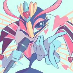 Rule 34 | 1girl, 5health, antennae, arthropod girl, blowing kiss, blue background, commentary request, cowboy shot, crown, disembodied hand, eyeshadow, frilled gloves, frills, furry, furry female, gloves, heart, highres, holding, holding microphone, insect wings, kirby (series), looking at viewer, makeup, mascara, microphone, music, nintendo, one eye closed, outstretched hand, pink eyes, pink eyeshadow, queen sectonia, simple background, singing, solo, white gloves, wings, yellow crown, yellow wings