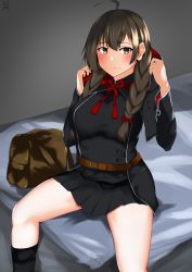 Rule 34 | 1girl, ahoge, bad id, bad pixiv id, bag, bed, belt, black capelet, black dress, braid, breasts, brown belt, brown hair, capelet, dress, hood, hooded capelet, kantai collection, large breasts, long hair, looking at viewer, red ribbon, ribbon, shinshuu maru (kancolle), sitting, solo, twin braids, z (knkr1025)