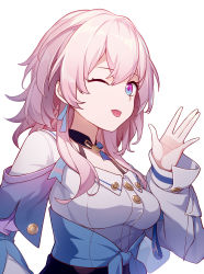 Rule 34 | 1girl, ;p, absurdres, black choker, blue jacket, choker, closed mouth, clothes around waist, highres, honkai: star rail, honkai (series), jacket, jacket around waist, long hair, looking at viewer, march 7th (honkai: star rail), one eye closed, pink eyes, pink hair, shirt, simple background, solo, tied jacket, tongue, tongue out, wawako mama, white background, white shirt