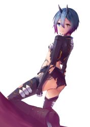 Rule 34 | 1girl, absurdres, arms at sides, ass, back, black thighhighs, blue eyes, blue hair, blush, breasts, broken, brown eyes, closed mouth, dutch angle, eyelashes, from behind, gloves, gradient hair, hair between eyes, heterochromia, highres, horns, io (pso2), kneeling, light particles, looking at viewer, looking back, midriff, multicolored hair, oni horns, phantasy star, phantasy star online 2, purple hair, shin guards, short hair, short shorts, shorts, simple background, sleeves past wrists, small breasts, smile, solo, tattoo, thighhighs, torn clothes, torn shorts, torn sleeves, torn thighhighs, two-tone hair, underboob, white background, white gloves, yoshida iyo