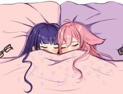 2girls ahoge animal_ears artist_name black-framed_eyewear blunt_bangs blush closed_eyes commentary ear_blush unworn_eyewear fox_ears genshin_impact glasses hair_between_eyes long_hair mole mole_under_eye multiple_girls pillow pink_hair purple_hair raiden_shogun rectangular_eyewear sleeping under_covers vickie_(cryingrobot) yae_miko yuri