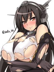Rule 34 | 10s, 1girl, bare shoulders, black gloves, black hair, blush, breasts, elbow gloves, fingerless gloves, gloves, hairband, headgear, kantai collection, large breasts, long hair, nagato (kancolle), red eyes, satou samu, simple background, solo, torn clothes, white background