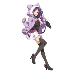 Rule 34 | 10s, 1girl, absurdres, animal ear legwear, bag, black thighhighs, casual, cat ear legwear, full body, highres, hood, hooded jacket, jacket, long hair, long sleeves, looking at viewer, official art, open clothes, open jacket, open mouth, pleated skirt, purple hair, red eyes, shopping bag, skirt, sleeves past wrists, solo, sword art online, sword art online: code register, thighhighs, transparent background, white skirt, yuuki (sao)