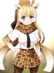 Rule 34 | 10s, 1girl, animal print, bad id, bad pixiv id, belt, blonde hair, blush, breast pocket, breasts, brown hair, closed mouth, giraffe print, grey hair, hand on own hip, kemono friends, large breasts, long sleeves, looking at viewer, multicolored hair, pantyhose, pocket, reticulated giraffe (kemono friends), skirt, smile, solo, totokichi, white hair