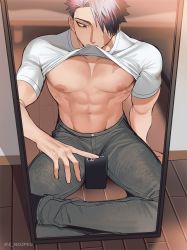 Rule 34 | 1boy, 30 (mitsumaru), abs, bara, biceps, black eyes, black hair, blue eyes, building, cellphone, clothes lift, dotsuco, highres, male focus, manly, mirror, muscular, muscular male, navel, nipples, on floor, original, pants, pectorals, phone, reflection, room, scar, scar on face, selfie, shirt, shirt lift, sitting, socks, solo, t-shirt, thick arms, thick thighs, thighs, tight clothes, underpec