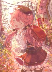 Rule 34 | 1girl, aged down, backpack, bag, beret, black thighhighs, blush, brown hat, building, c4 art, clothing cutout, commentary, cowboy shot, day, frilled skirt, frills, from behind, garter straps, hat, highres, hololive, lamppost, lantern, leaf, long hair, looking back, low twintails, manhole cover, miniskirt, open mouth, outdoors, pink hair, plaid, plaid skirt, plant, power lines, red bag, red skirt, sakura miko, sakura miko (casual), shirt, shoulder cutout, skirt, smile, solo, thighhighs, town, twintails, vending machine, virtual youtuber, white shirt, zettai ryouiki
