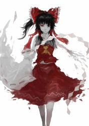 Rule 34 | 1girl, black hair, blood, bloody tears, bow, chaos1402, detached sleeves, dress, female focus, gohei, hair bow, hair tubes, hakurei reimu, highres, japanese clothes, long sleeves, midriff, miko, necktie, red dress, red eyes, sketch, solo, touhou, white background