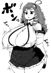 Rule 34 | 1girl, blush, breast expansion, breasts, cowboy shot, detached sleeves, expressionless, fat, frog hair ornament, greyscale, hair ornament, hair scrunchie, hairband, highres, huge breasts, ichigo kotou, kochiya sanae, long hair, messy hair, miniskirt, monochrome, motion lines, open mouth, plump, scrunchie, shirt, short eyebrows, skirt, sleeveless, sleeveless shirt, snake hair ornament, solo, standing, surprised, thick thighs, thighs, touhou, wide hips