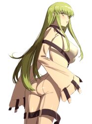 Rule 34 | 1girl, alternate breast size, ass, bodysuit, breasts, c.c., closed mouth, code geass, commentary request, from behind, green hair, highres, jumpsuit, large breasts, long hair, looking at viewer, looking back, sidelocks, simple background, solo, straight hair, very long hair, white background, white bodysuit, white jumpsuit, wide sleeves, yellow eyes, yukotaruma