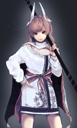 Rule 34 | 1girl, absurdres, bow, brown hair, cape, grey background, hair bow, hand on own hip, highres, holding, holding staff, looking at viewer, original, over shoulder, rakugaki suruhito, red eyes, solo, staff, white bow