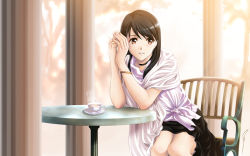 Rule 34 | 1girl, aizawa kotarou, black hair, black skirt, bracelet, brown eyes, brown hair, chair, choker, cup, elbow rest, jewelry, leaning forward, looking at viewer, original, own hands together, parted lips, puffy short sleeves, puffy sleeves, saucer, shawl, shirt, short sleeves, sitting, skirt, solo, swept bangs, table, tea, teacup, white shirt, window