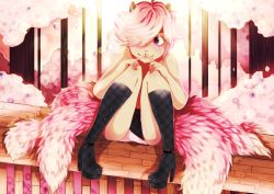 Rule 34 | 1boy, animal ears, blush, boots, cat ears, cherry blossoms, dollachan, highres, pink eyes, pink hair, pink tail, shy, sitting, tail, trap