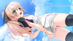 Rule 34 | 1girl, black thighhighs, blonde hair, blush, cher erna, dolphin divers, dutch angle, from below, game cg, green eyes, miniskirt, outdoors, panties, ponytail, senomoto hisashi, skirt, sky, solo, tagme, thighhighs, underwear