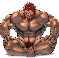 Rule 34 | 1boy, abs, arms at sides, bara, beard, come hither, completely nude, convenient leg, dark-skinned male, dark skin, excessive pubic hair, facial hair, fate/zero, fate (series), grin, iskandar (fate), large pectorals, crossed legs, looking at viewer, male focus, male pubic hair, mature male, mennsuke, muscular, muscular male, navel, navel hair, nipples, nude, one eye closed, pectorals, pubic hair, red eyes, red hair, seductive smile, short hair, smile, solo, stomach