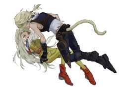 Rule 34 | 1boy, 1girl, bare shoulders, bead necklace, beads, black footwear, black gloves, black pants, blonde hair, blue vest, bodysuit, boots, breasts, couple, cropped vest, earrings, final fantasy, final fantasy ix, floating, full body, garnet til alexandros xvii, gloves, hair tie, hetero, highres, jewelry, long hair, long sleeves, looking at another, low ponytail, medium breasts, midriff, monkey tail, necklace, nodoka0707, off-shoulder shirt, off shoulder, official alternate costume, open mouth, orange eyes, pants, parted bangs, red footwear, sheath, shirt, sleeveless, sleeveless shirt, smile, tail, torn clothes, torn shirt, vest, white background, white shirt, yellow bodysuit, zidane tribal