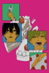 Rule 34 | 2boys, black hair, blonde hair, cake, chainsaw man, denji (chainsaw man), ear piercing, food, food in mouth, food on face, fruit, hair between eyes, highres, holding, holding food, ht no9, looking at another, looking at viewer, male focus, mole, mole under mouth, multiple boys, multiple piercings, open mouth, piercing, pink background, sharp teeth, short hair, simple background, strawberry, strawberry shortcake, teeth, utensil, yoshida hirofumi