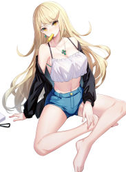 Rule 34 | 1girl, alternate costume, arm support, bare legs, bare shoulders, barefoot, black jacket, blonde hair, blue shorts, breasts, brown eyes, camisole, casual, cleavage, collarbone, commentary request, crop top, crop top overhang, denim, denim shorts, earrings, food, food in mouth, full body, head tilt, highres, indian style, jacket, jewelry, large breasts, long hair, long sleeves, looking at viewer, medium breasts, midriff, mythra (xenoblade), nail polish, navel, necklace, off shoulder, open clothes, open jacket, pink nails, popsicle, popsicle in mouth, puffy long sleeves, puffy sleeves, ririko (zhuoyandesailaer), short shorts, shorts, simple background, sitting, solo, stomach, thighs, very long hair, wavy hair, white background, white camisole, xenoblade chronicles (series), xenoblade chronicles 2, yellow eyes