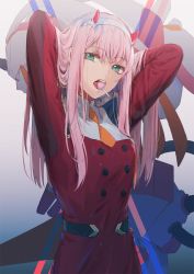 Rule 34 | 10s, 1girl, aqua eyes, arms up, breasts, candy, dangmill, darling in the franxx, food, hair between eyes, hairband, horns, lollipop, long hair, long sleeves, looking at viewer, mecha, medium breasts, mouth hold, open mouth, pink hair, red shirt, robot, school uniform, shirt, solo, strelizia, teeth, uniform, upper body, white hairband, zero two (darling in the franxx)