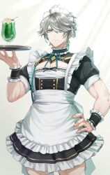Rule 34 | 1boy, ahoge, alhaitham (genshin impact), alternate costume, apron, center opening, choker, closed mouth, colored inner hair, commentary request, cowboy shot, crossdressing, cup, dessert, dress, drink, enmaided, fingernails, food, frilled apron, frilled choker, frills, frown, gem, genshin impact, green eyes, green hair, grey hair, hair over one eye, hand on own hip, hand up, headphones, highres, holding, holding tray, itsumono katze, looking at viewer, maid, maid headdress, male focus, multicolored eyes, multicolored hair, parted bangs, pectoral cleavage, pectorals, red eyes, short dress, short hair, short sleeves, solo, swept bangs, thighhighs, toned, toned male, tray, two-tone hair, wristband, yellow pupils, zettai ryouiki