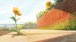 Rule 34 | backlighting, blue sky, blurry, blurry background, brick, brick wall, bush, commentary, day, english commentary, flower, light particles, no humans, no lineart, original, outdoors, plant, road, shade, shadow, signature, sky, street, sunflower, sunlight, yellow flower, zandra